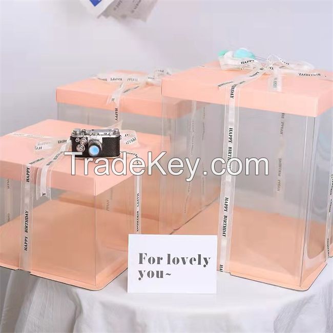 Food Grade Custom Transparent PET Plastic Decorative Wedding Square Cake Boxes In Bulk