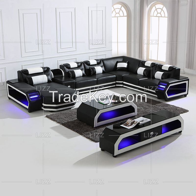 Direct Sell Modern Style Leisure Living Room Couch Furniture European Home Genuine Leather Sofa with LED Lights