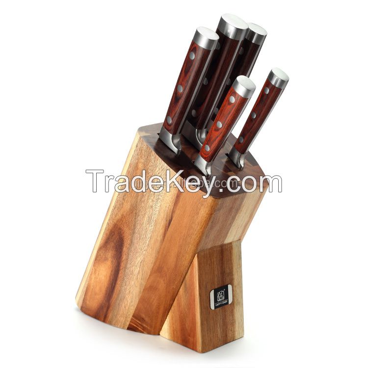 Germany Quality 6pcs Color Wooden Handle Kitchen Knife Set with Acacia Block