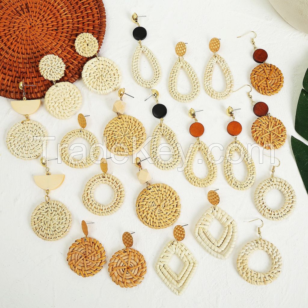 Amazon hot cross-border pop retro exaggerated Earrings bamboo and rattan hand woven Earrings national style rattan Earrings