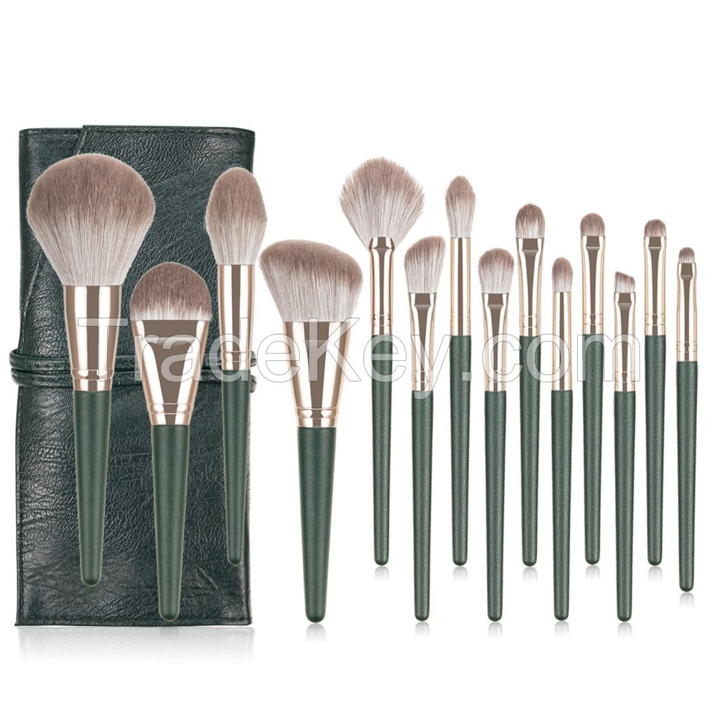 2020 new style makeup brush set 12pcs green makeup brushes with black pu cosmetic bag