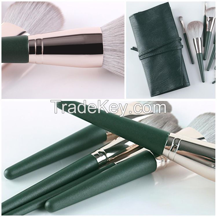 Wholesales High Quality Soft Hair Vegan Green Makeup Brushes Set of 14, Portable Professional Facial Cosmetic Makeup Brushes Set