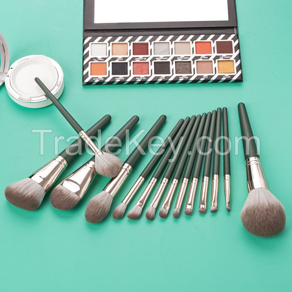 2020 new style makeup brush set 12pcs green makeup brushes with black pu cosmetic bag