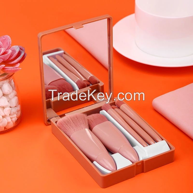 Portable travel brush set short handle loose powder brush foundation smudge eyeshadow lip makeup brush kit with makeup mirror