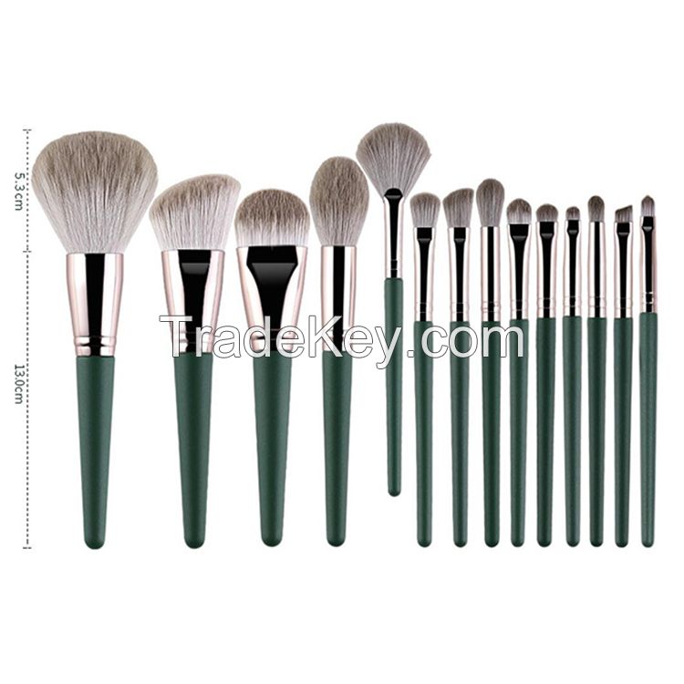 Wholesales High Quality Soft Hair Vegan Green Makeup Brushes Set of 14, Portable Professional Facial Cosmetic Makeup Brushes Set