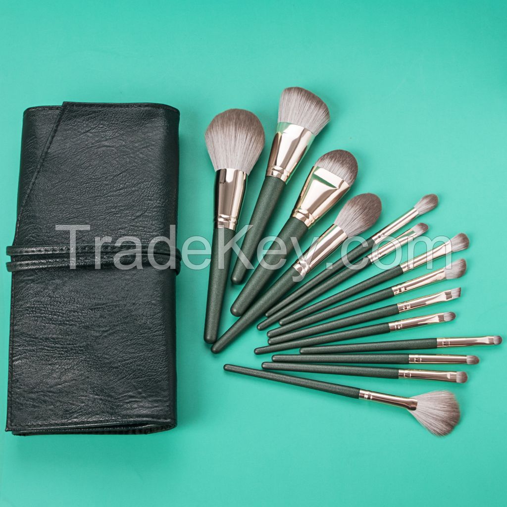 2020 new style makeup brush set 12pcs green makeup brushes with black pu cosmetic bag