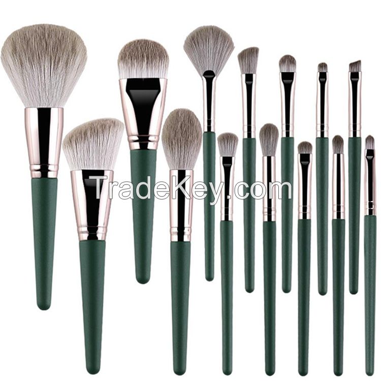 Wholesales High Quality Soft Hair Vegan Green Makeup Brushes Set of 14, Portable Professional Facial Cosmetic Makeup Brushes Set