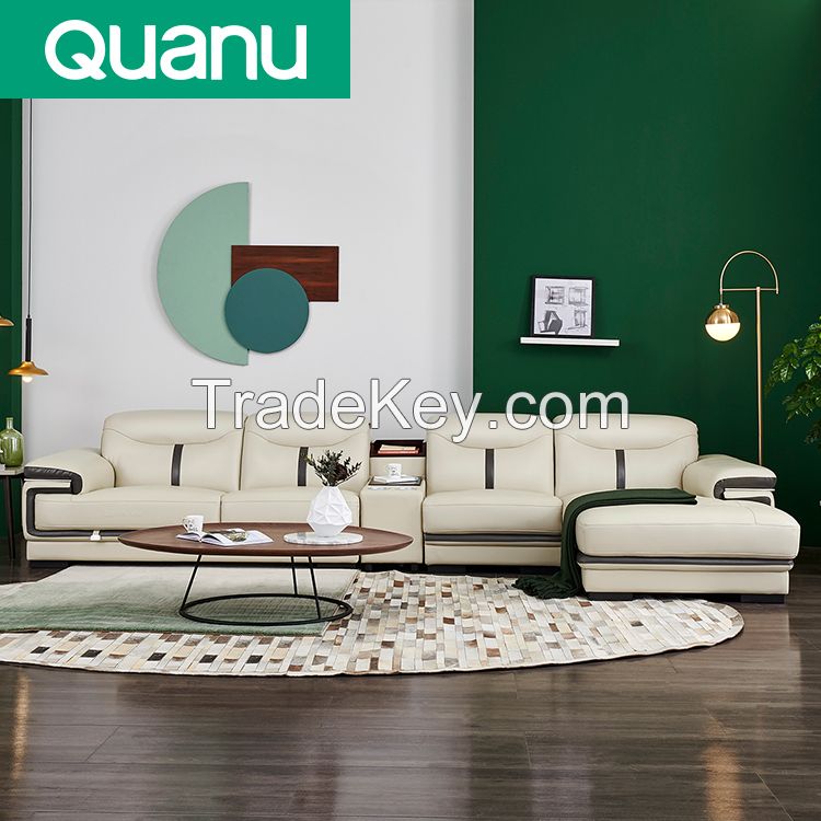 Quanu 102167 cowhide modern l shape white genuine luxury leather corner sectional sofa set