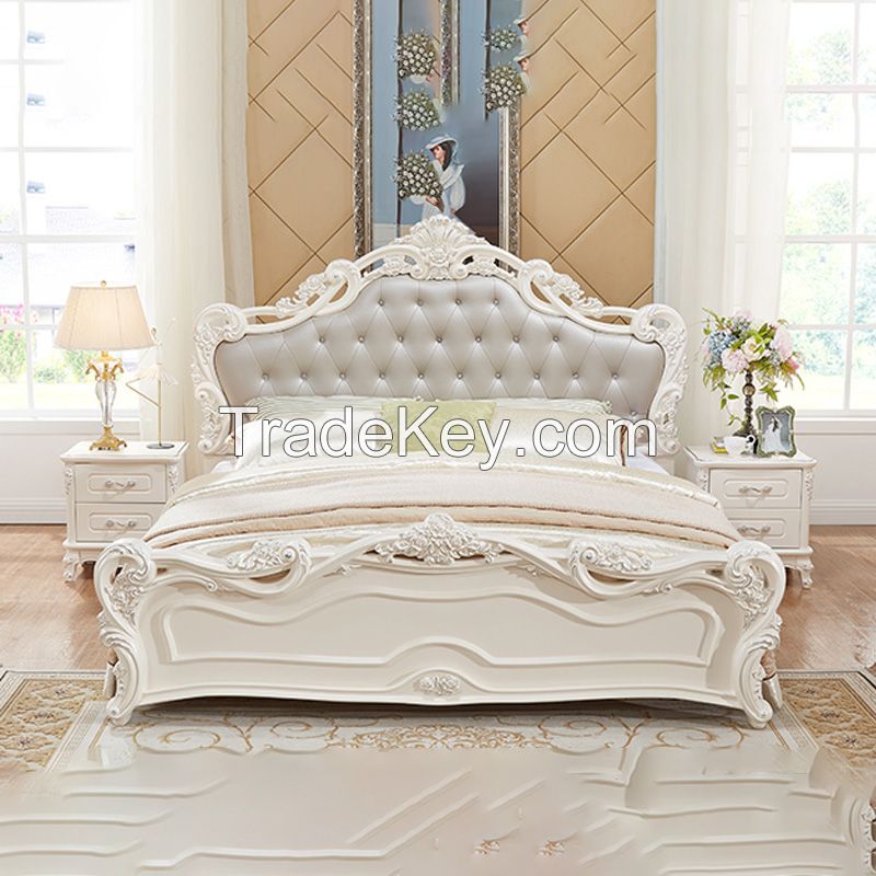 Quanu 121513 Best Luxury Royal Carved European Style Carving Leather Bed French Style Furniture