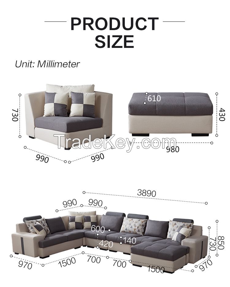 Quanu 102117 Modern fabric u shape couch living room sofa set furniture designs