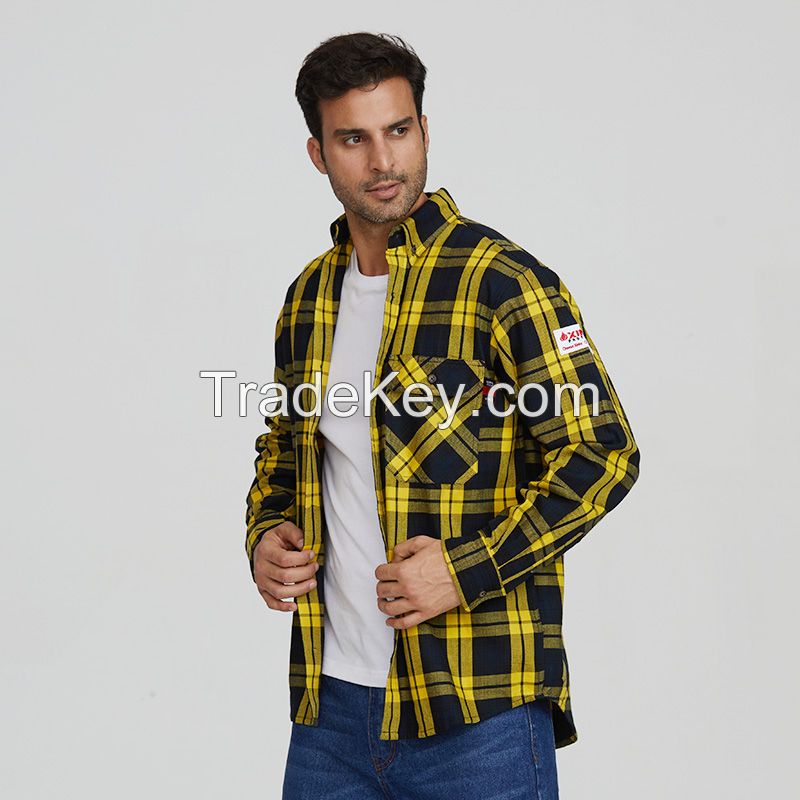 Wholesale Mens Flame Resistant Plaid shirt Breathable 100% Cotton Work Shirts