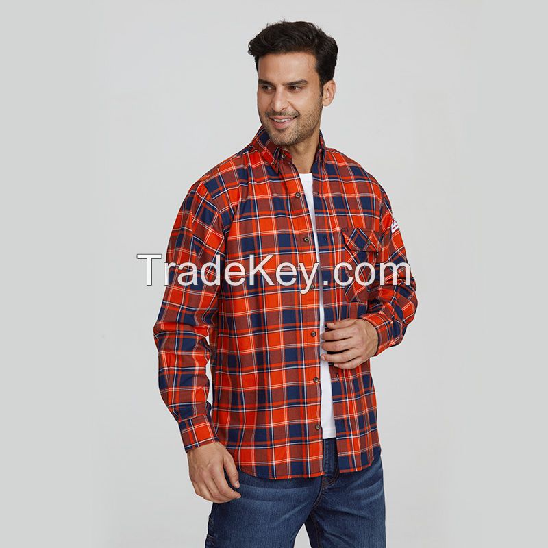 Men cotton workwear plaid lightweight boxy long sleeve button up quarter uniform saftey work welding fr shirts