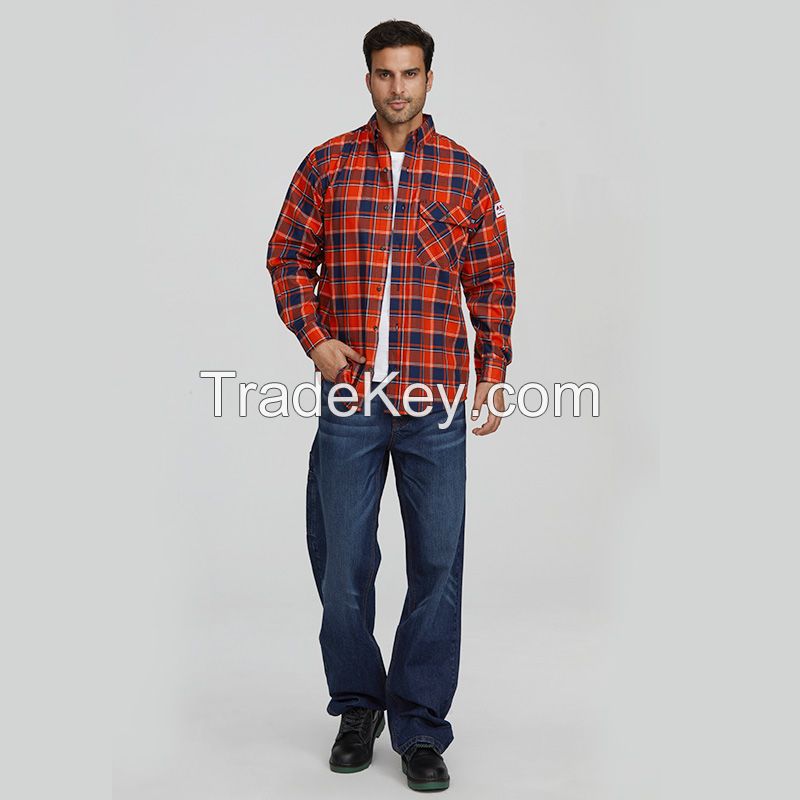 Men cotton workwear plaid lightweight boxy long sleeve button up quarter uniform saftey work welding fr shirts