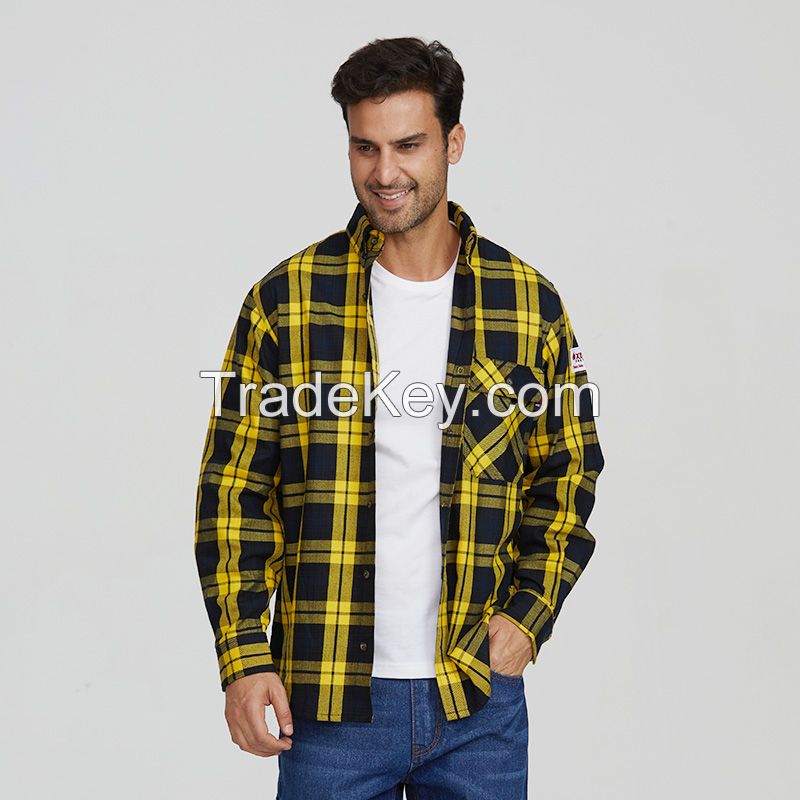 Wholesale Mens Flame Resistant Plaid shirt Breathable 100% Cotton Work Shirts