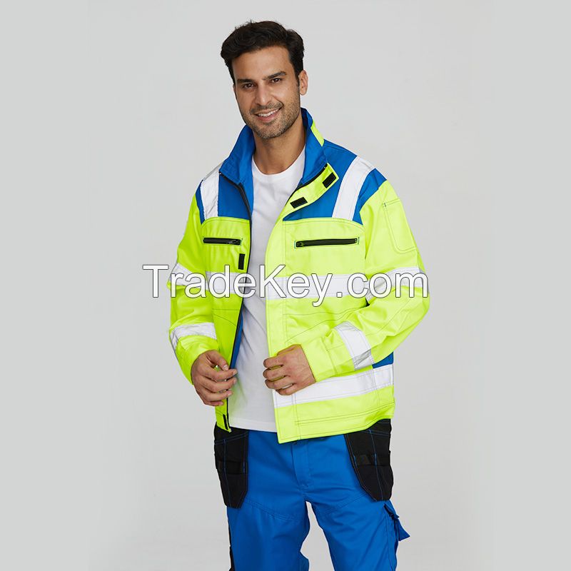 Reflective safety blue construction jacket with zipper