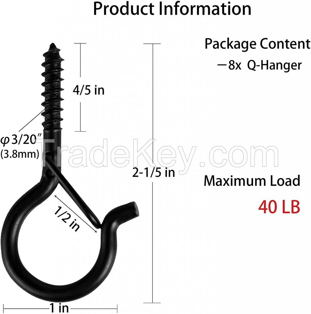 Q-Hanger, Screw Hooks for Outdoor String Lights - Ceiling Hooks for Hanging Plants Wind Chimes, Safety Buckle Design, Windproof,