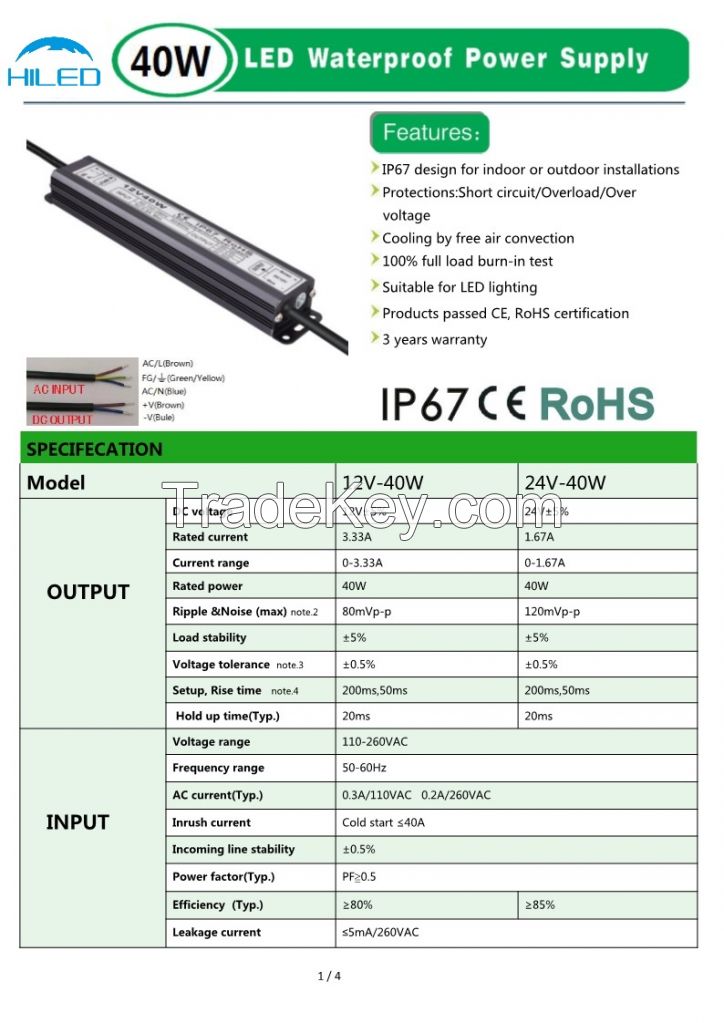 Ultra-Thin Power Supply IP67 WA-12V-40W