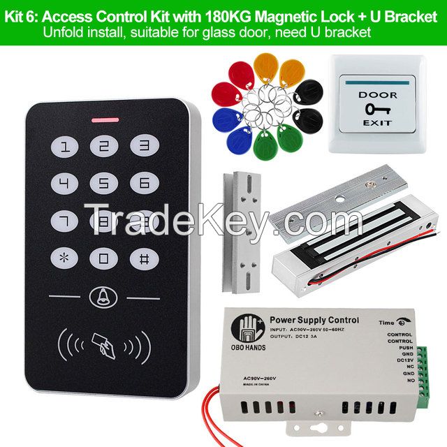 OBO Hands Door Access Control System Kit RFID Keypad + Power Supply + Electric 180KG Magnetic Lock Strike Door Locks for Home