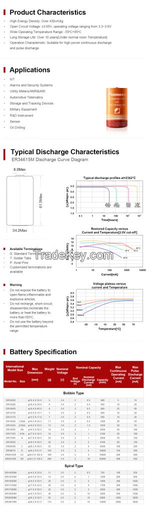 3.6V lithium battery ER34615M Non rechargeable Li-SOCl2 Lithium Cells