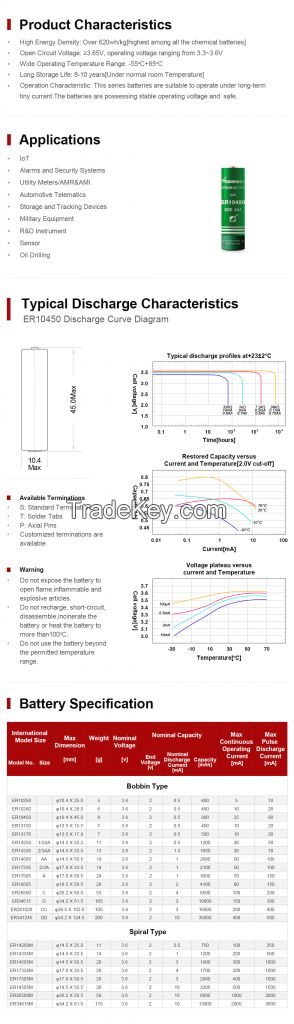 ER14250 3.6V lithium battery Non rechargeable Li-SOCl2 Lithium Cells