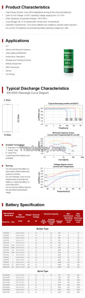 ER18505 Water Metering Lithium Battery 3.6V Non rechargeable Li-SOCl2 Batteries for U for Utilities