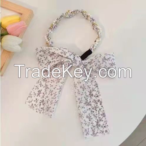 Summer Thin Floral Braided Headband With Bowknot