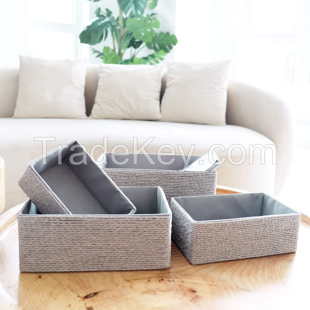 Storage Baskets Set 4 - Izar-Gray Paper Rope Rectangle Baskets, for Makeup Closet Bathroom