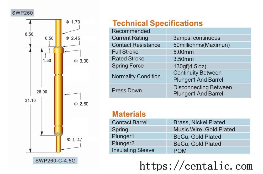 Gold Plated Switch Probe Pogo Pin SWP260 Series for Connector Test