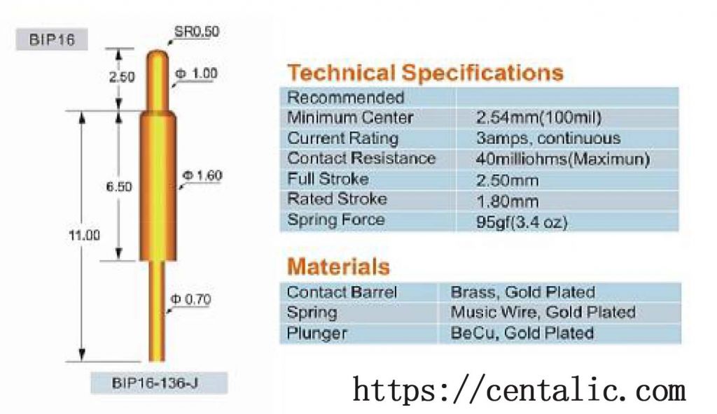 Battery Contact Pogo Pin Test Probe BIP16 Series for Connector Application