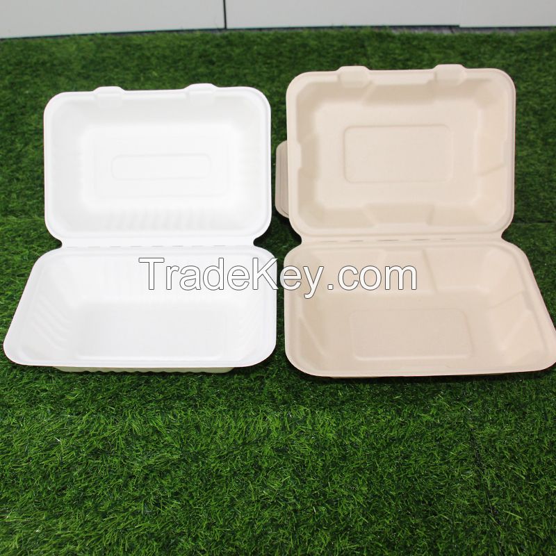 9*6 Inches Clamshell Takeout Food Containers Sugarcane Bagasse Lunch Box
