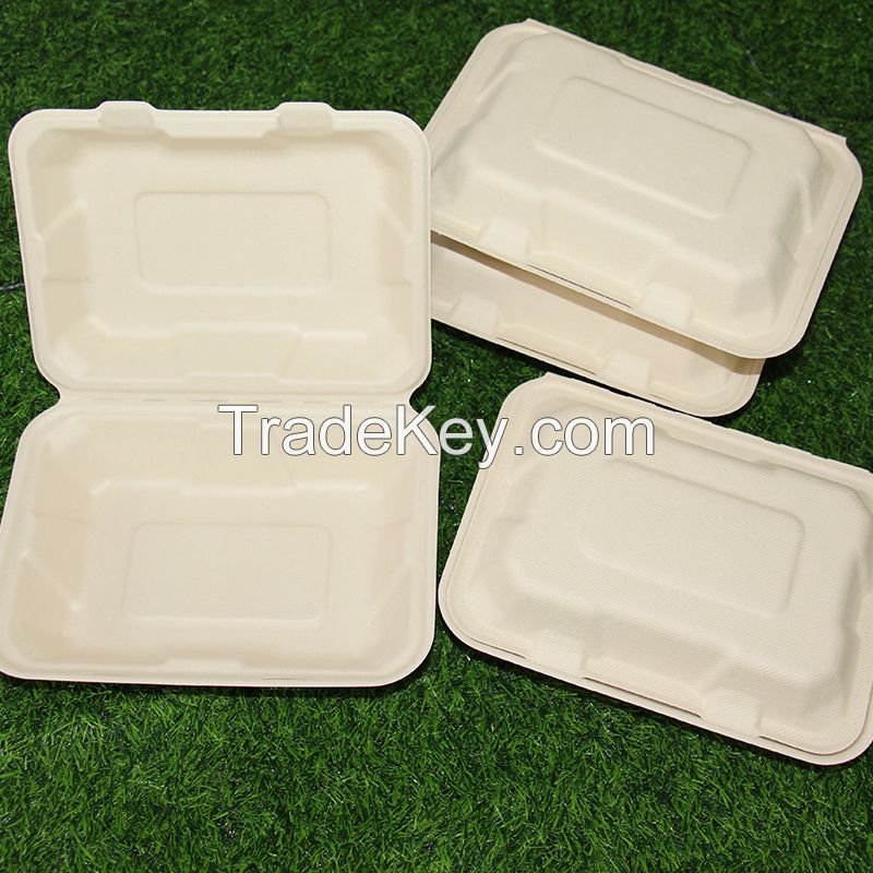 9*6 Inches Clamshell Takeout Food Containers Sugarcane Bagasse Lunch Box