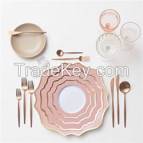 SunFlower Designed Pink Colored Ceramic Plate Set With Gold Rim For Wedding Table