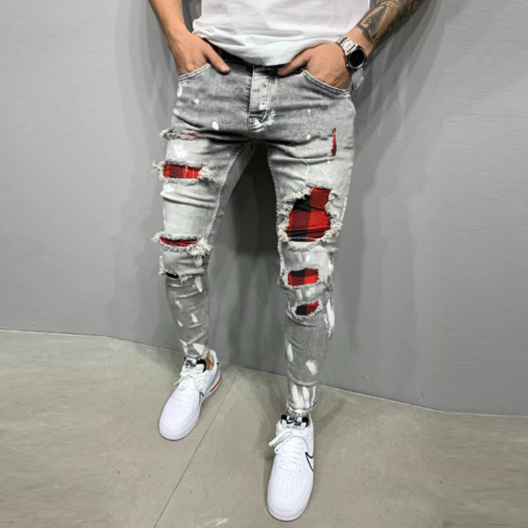 2022 2022 New Product Men Skinny Pants Badge Jeans Men Trendy Knee Hole Denim Jogging Pants High Quality Men Tapered Jeans Denim