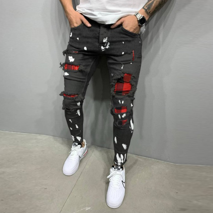 2022 2022 New Product Men Skinny Pants Badge Jeans Men Trendy Knee Hole Denim Jogging Pants High Quality Men Tapered Jeans Denim