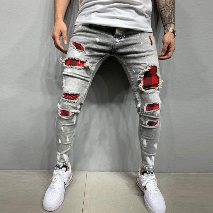 2022 2022 New Product Men Skinny Pants Badge Jeans Men Trendy Knee Hole Denim Jogging Pants High Quality Men Tapered Jeans Denim