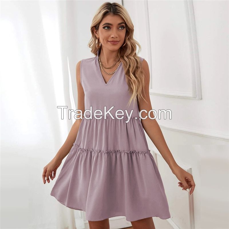 V-Neck Loose Sleeveless Solid Dress