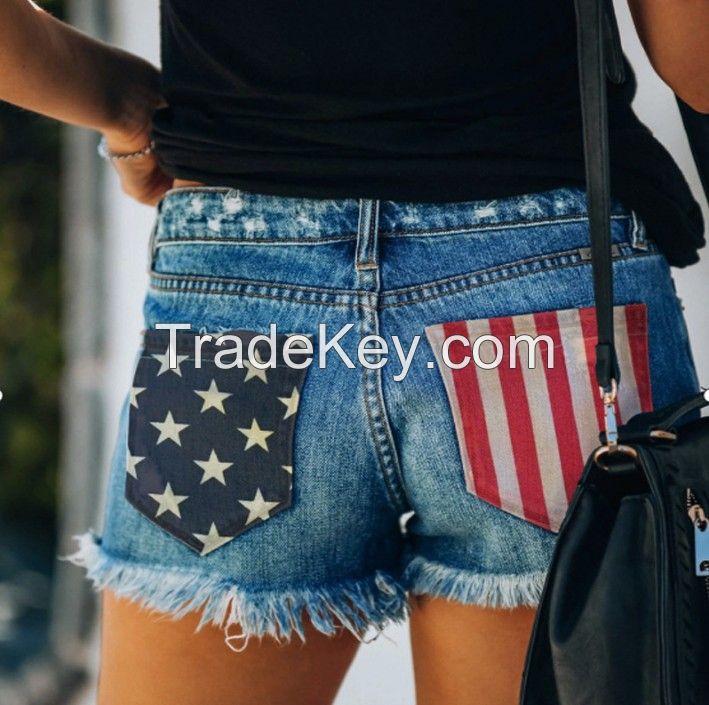 Women&#039;s American Flag Print Ripped One-Breasted Denim Shorts