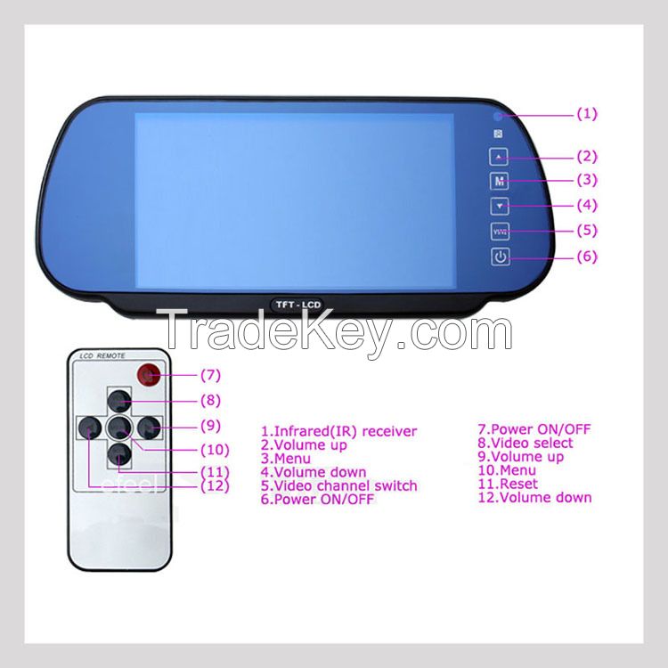 High Resolution 7 Inch Color TFT LCD Car Rearview Mirror Monitor 7 Inch 16: 9 Screen DC 12V 24V Car Monitor for DVD Camera