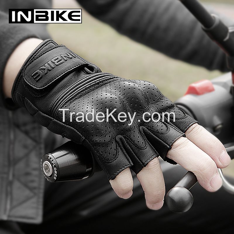 INBIKE Men Sport Anti Skid Gloves Hook and Loop Strip Goat Leather Half Finger Bike Riding Motorcycle Gloves CM201