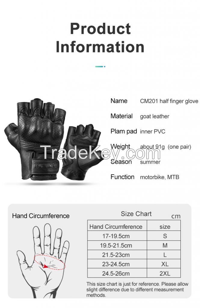 INBIKE Men Sport Anti Skid Gloves Hook and Loop Strip Goat Leather Half Finger Bike Riding Motorcycle Gloves CM201