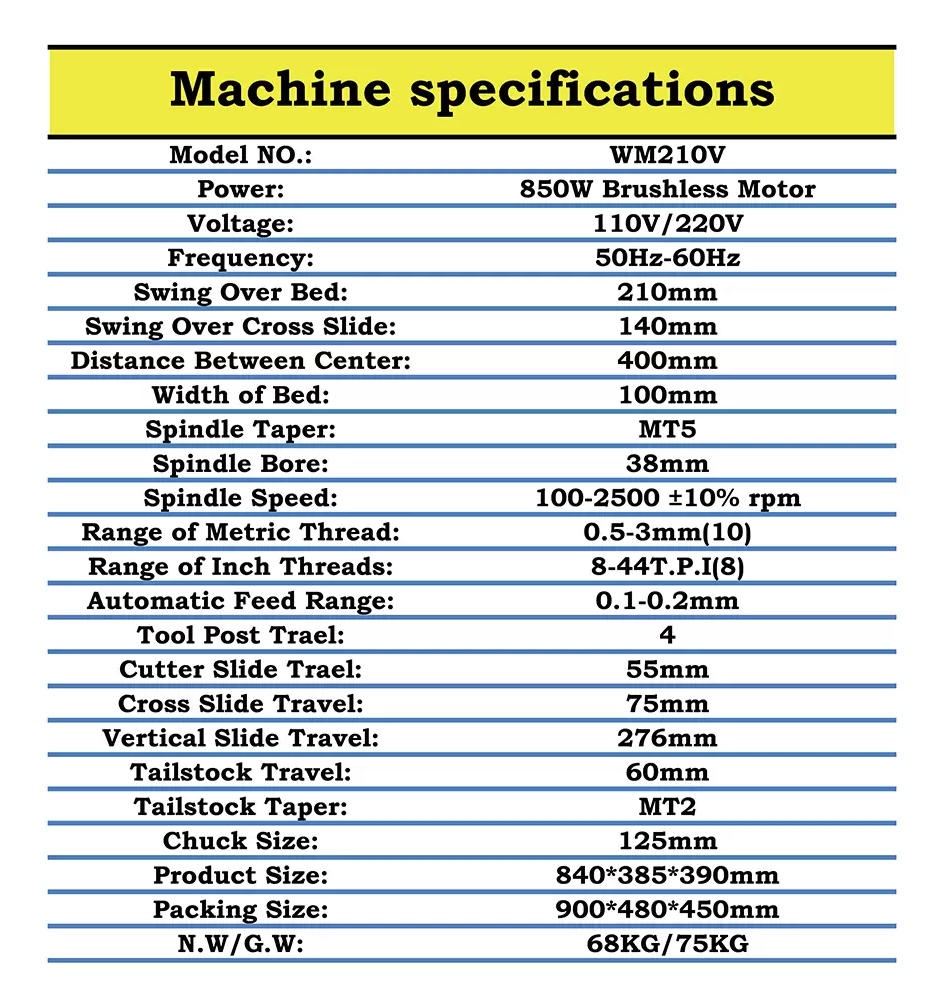 wm210v metal lathe/850w brushless motor all steel gear lathe/38mm spin