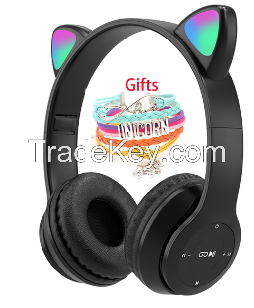 Wireless Headphones Cat Ear with Mic Blue-tooth Glow Light Stereo Bass Helmets Children Gamer Girl Gifts PC Phone Gaming Headset