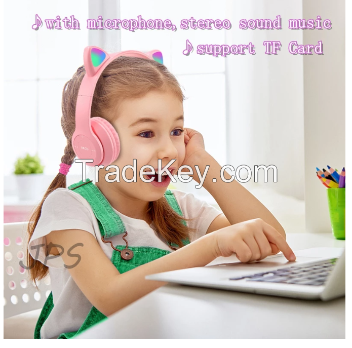 Wireless Headphones Cat Ear with Mic Blue-tooth Glow Light Stereo Bass Helmets Children Gamer Girl Gifts PC Phone Gaming Headset