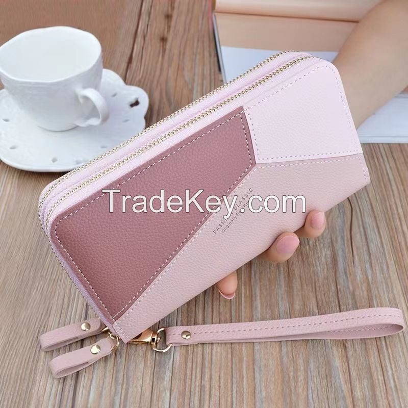 Ladies hand purse female long collision color double zipper large capacity card bag mobile phone bag multi-functional mother zero purse tide