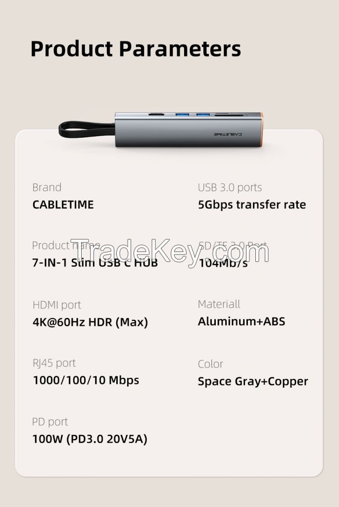 CABLETIME 7 in 1 Slim USB HUB Type C to 4K HDMI RJ45 1000Mbps PD 100W OTG SD TF Card Reader for PC MacBook Pro HUB Dock C432