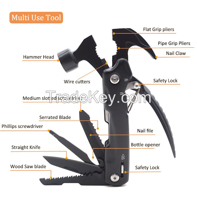 Outdoor emergency tool pocket tool claw hammer survival kit multi tool hammer with black coating