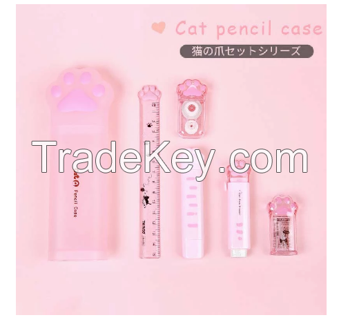 Kawaii Cat Paw Stationery Set Creative Cat Claw Pencil Sharpener Eraser Correction Tape Pen Case for Kids School Supplies Gifts