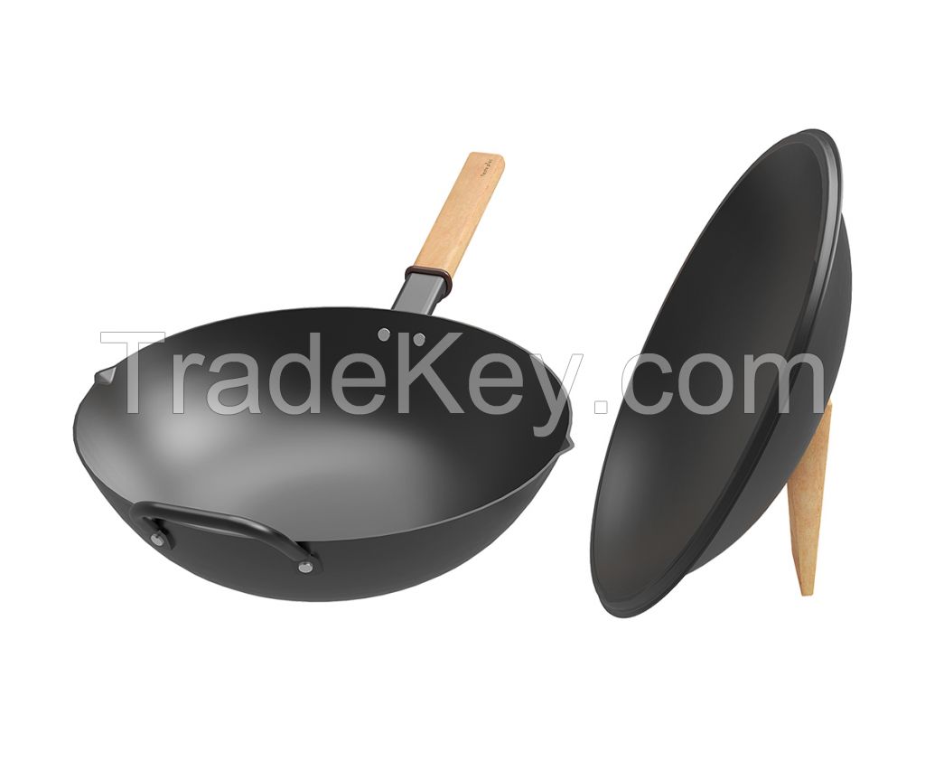 Taste plus Carbon Steel Wok with Domed and Wooden Handle for All Stoves, 12 Inch Chinese Wok Pan