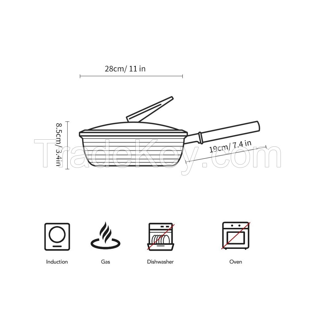 11Inch Deep Skillet with Glass Lid, Clay Coated Nonstick Frying Pan with Wooden Handle