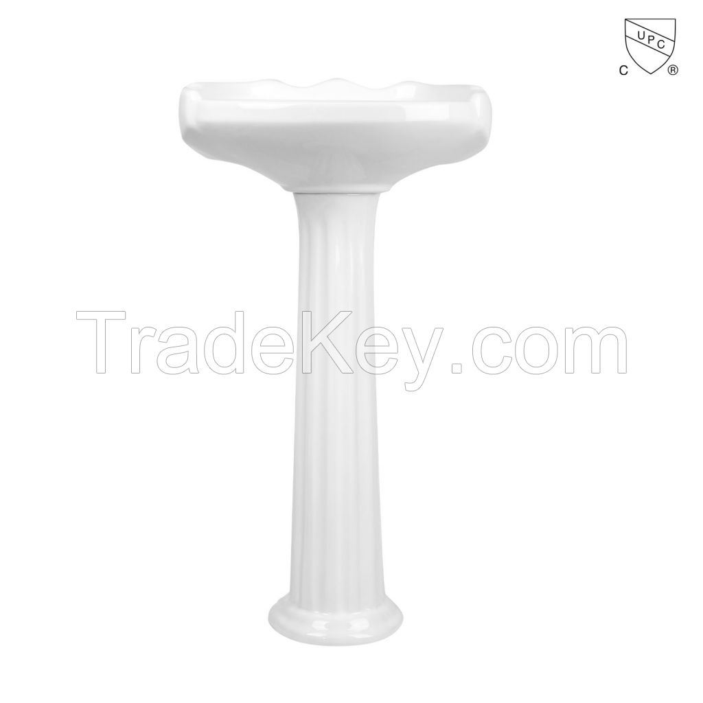 Bathroom sanitary ware rectangle glassy white oval CUPC certified floor-standing pedestal sink